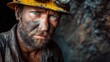 Close-up photo of dirty miner, dirty hardworking miner in cave, dark cave.