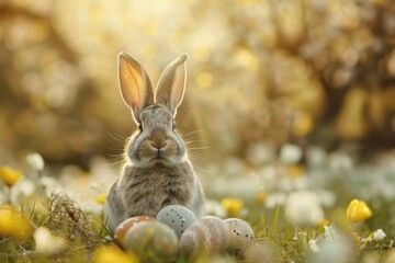 A rabbit is sitting in a field of yellow flowers and eggs