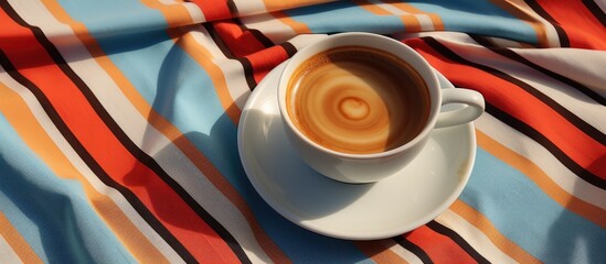 Poster - A white cup filled with coffee is placed on top of a saucer, sitting on a striped tablecloth.