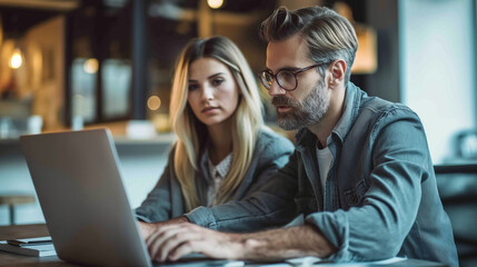 Poster - A man and a woman are sitting at a table looking at a laptop. The man is wearing glasses and the woman has blonde hair. They seem to be working together on something. Generative Ai Illustration.