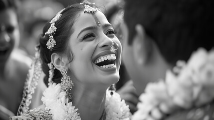 Wall Mural - Indian bride laughing while talking to a friend on the wedding day in black and white.