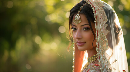 Serene portrait of an Indian bride wearing facial jewelry and a colorful veil. 