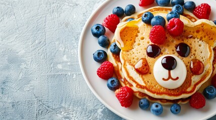 Adorable dog shaped pancake breakfast for kids with berries and honey on white plate, copy space