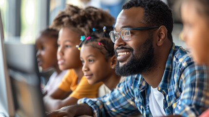 Wall Mural - Black father invovled in his kids learning. Dad working on computer with his children.