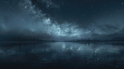 Wall Mural - a broad, panoramic view of the milky way glowing over a secluded lake, with the reflection of the st