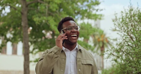 Poster - happy, black man and walking with phone call in city for communication or outdoor conversation. afri