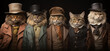 © AI Art Originals - Portrait of Five Anthropomorphic Victorian Cats Wearing Suits and Hats Isolated on Dark  Background