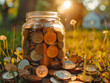 A close-up photo of a glass jar overflowing with coins in a grassy field.