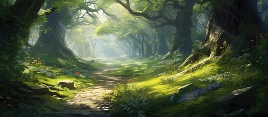 Sticker - Sunlight filters through the lush canopy of an ancient green forest, illuminating a winding path cutting through the verdant foliage of a springtime landscape.