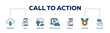 Call to action icons process structure web banner illustration of  click here, watch our video, subscribe, contact, learn more, share, download icon live stroke and easy to edit 