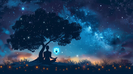 Wall Mural - Woman silhouette under a tree with milky sky