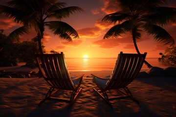 Beautiful tropical sunset view with two sun loungers, lounge chairs, beach