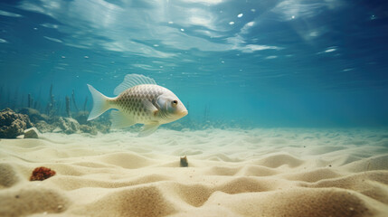 fish swimming underwater on a sandy beach in shallow waters and sunlight