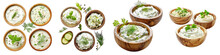 Delicious Tzatziki Sauces In Wooden Bowls  Hyperrealistic Highly Detailed Isolated On Transparent Background Png File