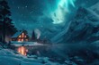 The captivating glow of the aurora borealis over a secluded house by a frozen lake, surrounded by the silent guardianship of the mountains. 8k