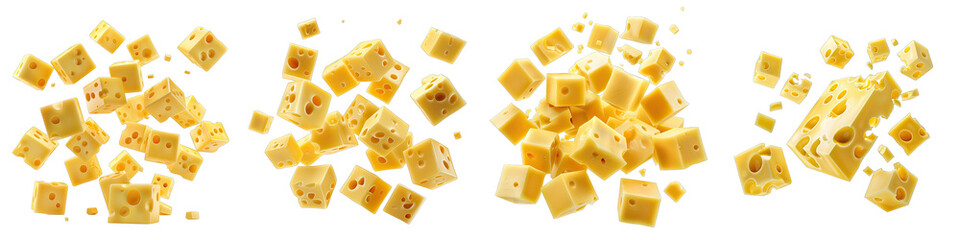 Wall Mural -   Flying delicious cheese cubes- Hyperrealistic Highly Detailed Isolated On Transparent Background Png File