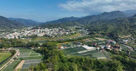 Wall Mural - Top view of the strawberry field and village in Dahu in Miaoli of Taiwan