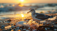 With The Sun Setting In The Background, Casting An Orange Hue, A Seabird Is Captured Up Close, Its Beak Ensnared By Plastic, While A Polluted Beach Serves As The Backdrop.