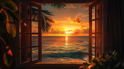 Wall Mural - Open window overlooking an orange sunset and a tropical beach 