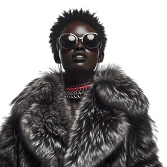front view mid-body shot of a beautiful female african model wrapped in a raccoon fur coat with sung