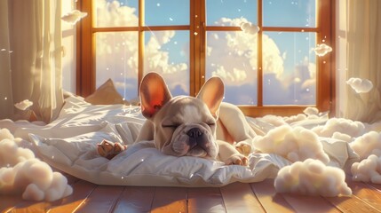 Wall Mural - Illustrate a French bulldog puppy taking a nap in a sunlit room, surrounded by scattered pillows that look like clouds, highlighting the serene and dreamy atmosphere. 8k
