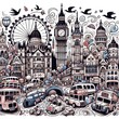 playful doodle drawing of England, highlighting its iconic landmarks and vibrant street life with a whimsical touch
