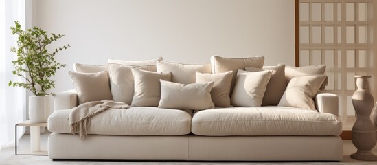 A modern living room featuring a white couch adorned with soft beige pillows. The room is tastefully decorated with minimalistic design elements and ample natural light.