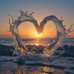 Wall Mural - In the rays of dawn, a splash of sea wave formed a heart shape from the splashes