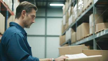 Warehouseman checking delivery, stock in warehouse on computer, pc. Warehouse manager using warehouse management software with scanner.