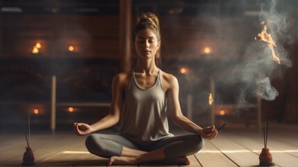 Wall Mural - A young woman with her eyes closed practicing Yoga in the gym with incense sticks, Smoke. Sports, Training, Meditation, Healthy lifestyle concepts.