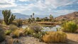 A peaceful oasis amidst the dry desert where unique plants and animals have adapted to survive in the harsh environment.