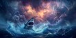 Cinematic depiction of a shark emerging from stormy ocean waters under a menacing sky, evoking themes of danger, the unknown, and the majesty of marine predators