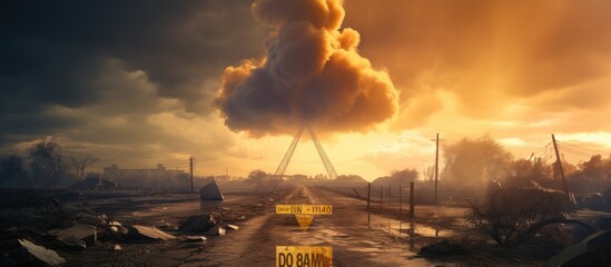 Radiation danger sign with nuclear explosion background