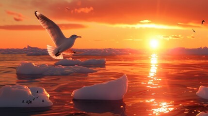 Wall Mural - The sun setting over an icy sea, with an arctic bird in flight, highlighting the cold beauty of nature in the polar regions. 8k