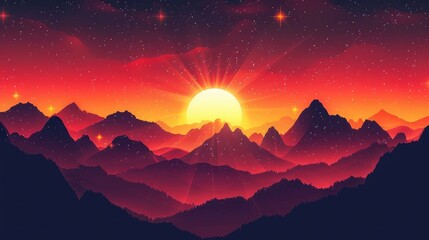 Wall Mural - The sun setting behind a silhouette of jagged mountains, with the sky transitioning from bright orange to deep red, and the first stars beginning to twinkle in the emerging twilight. 8k