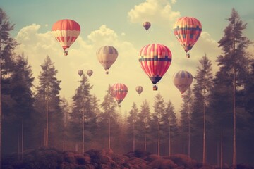 Wall Mural - Hot air balloon flying over a forest filled with trees, Hot air balloons flying over the forest 3D illustration Vintage style 3D illustration of Valentine's day background , Ai generated