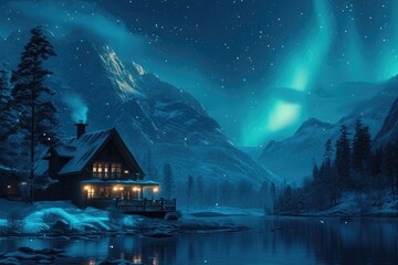 Wall Mural - The serene beauty of a winter night, with a quaint house by a lake, the Northern Lights illuminating the sky, and towering mountains covered in snow. 8k