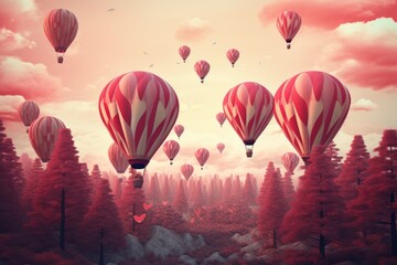 Wall Mural - A group of hot air balloons  floating in the air over a forest, Vintage style 3D illustration of Valentine's day background, Ai generated