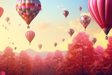 Wall Mural - Colorful hot air balloons fly over the trees, Vintage style 3D illustration of Valentine's day background, Ai generated