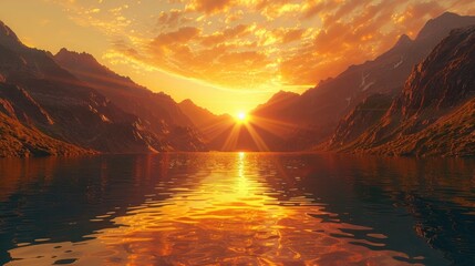 Wall Mural - The serene beauty of a high-altitude lake reflecting the intense orange hues of the summer sunset sky, surrounded by tall mountains with the sun gracefully setting behind them. 8k