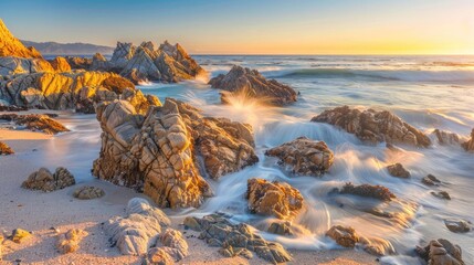 Wall Mural - The rocky coastline of a serene beach at sunrise, with waves softly crashing and the rocks glowing under the yellow light of the sun, set against a clear blue sky, evoking peace and contemplation. 8k