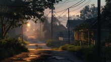 The Quiet Streets Of A Sleeping Town At Dawn, With Trails Of Fog Enveloping The Houses And Streetlights, As The First Rays Of The Sun Cast A Soft Glow Over The Scene. 8k
