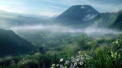 Wall Mural - The peacefulness of early morning at Bromo, focusing on the delicate flora and fauna waking up to the first light of day, with the mountain providing a majestic backdrop bathed in sunlight. 8k