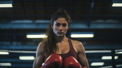 Wall Mural - A young female boxer in boxing red gloves trains in a boxing ring. Sports, Training, Healthy lifestyle, Competitions, Championships, Strength and Energy concepts.