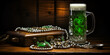 Patrick's day traditional green beer on sunshine bokeh background  Green Saint Patrick Day craft lager beer in beer mug glass. St. Patrick day festival concept.AI Generative 