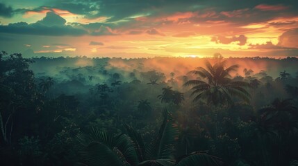 Wall Mural - The magical moment just before sunrise in the Amazon, where the silhouette of the jungle is set against a sky transitioning from night to day, promising the start of a vibrant morning. 8k