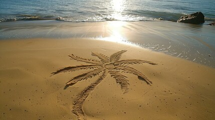 Wall Mural - Sand-sculpted palm tree on a tranquil beach with the sun setting.