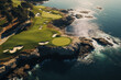 A resort golf course by the ocean, on a beautiful sunny day, A long hole par 5 hole by the sea shore, aerial shot