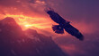 An eagle soars against a vibrant sunset over the mountainous landscape
