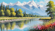 © MD NAZMUL HASAN - Summer landscape, flowers on the river bank with trees and mountains in the background, oil painting style illustration.